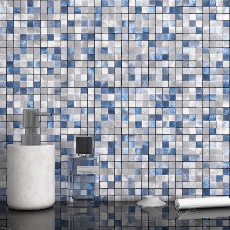 BeNice Peel and Stick Backsplash Tile Stickers  Kitchen Bathroom Wall Adhesive Small Metal Tiles Square-5sheets Blue Mix - Image 1